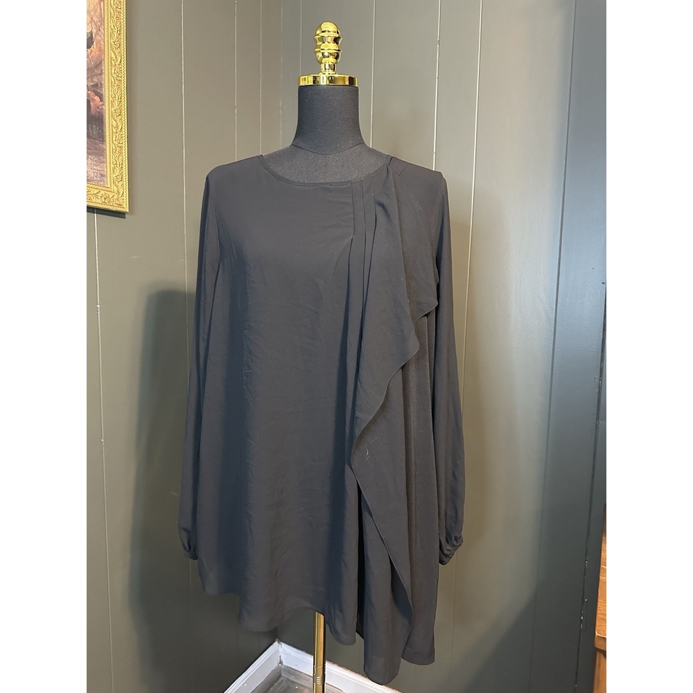Susan Graver Black Long Sleeve Asymmetrical Hem Blouse Tunic L Large